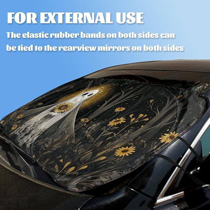 Halloween Car Window Sun Shield Ghost Sunflower Dark Forest Mystical Front Window Sun Shade Rays Sun Shade Visor Protector for Car Sedan Truck SUV Accessories 59" L x 31.5" W