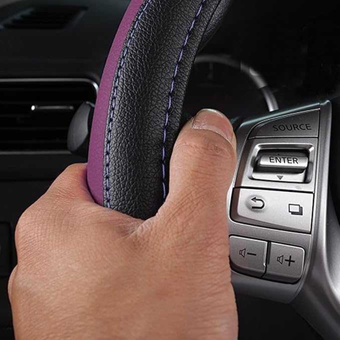 Leather Car Steering Wheel Cover, Non-Slip Car Wheel Cover Protector Breathable Microfiber Leather Universal Fit for Most Cars (Purple-2)