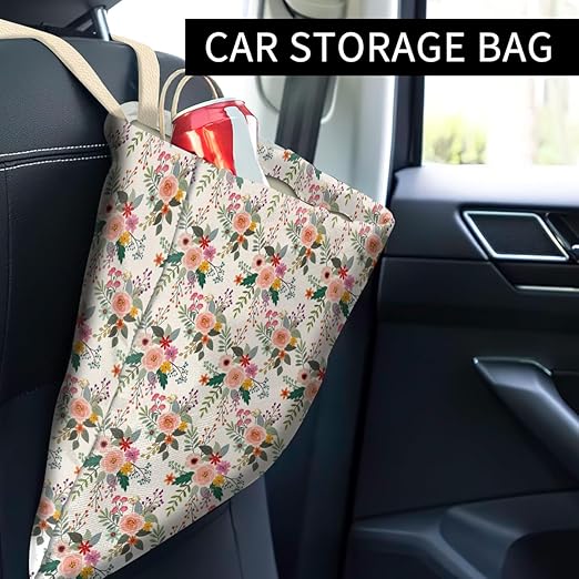 ABUIFDK Car Trash Can, Cute Car Trash Bag, Hanging Car Organizer and Storage Bag, Trash Bin for Car Accessories, Vehicle, Travelling, Camping Cute White Floral