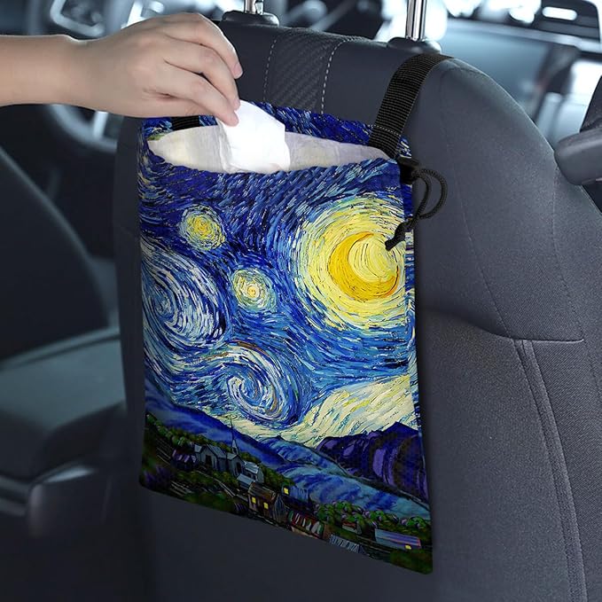 GEGEPINK Car Trash Bag Hanging Back of Seat Waterproof Small Cute Printed One-Handed Strap Drawstring Garbage Bags for Car-Starry Night