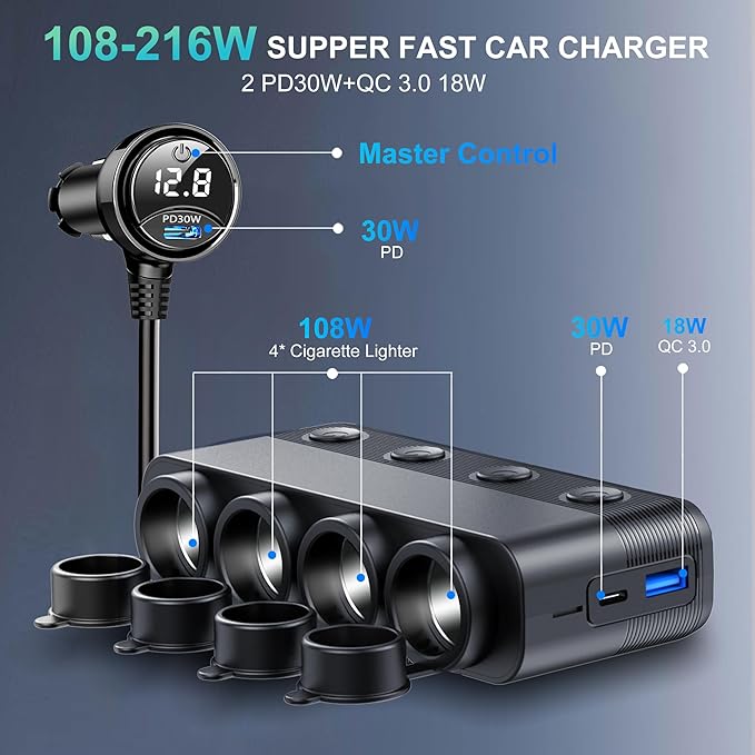 Cigarette Lighter Splitter Adapter 216W 4 Socket Heavy Duty Truck Car USB Chager Multi Port with PD30W/QC3.0 Charge USB C 12V/24V Independent Switches & Dust Cover & Waterproof for Car Devices