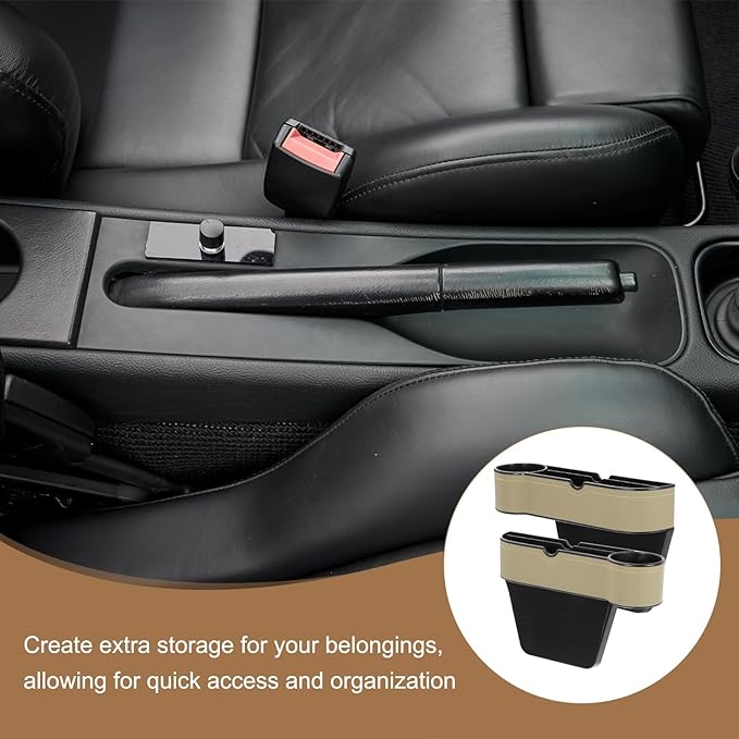 HARFINGTON Car Seat Gap Filler Organizer 10.6 x 7.1 x 2.8 Inch ABS+Leather Universal Car Organizer Storage Box Between Seat and Console (Left) with Cup Holders for Phone Keys, Beige