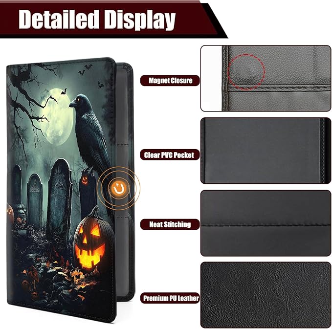 Car Registration Holder, PU Leather Vehicle Glove Box Organizer for Driver License, Document, Car Insurance Holder with Magnetic Shut, Auto Paperwork Wallet Case Accessories, Halloween Pumpkin