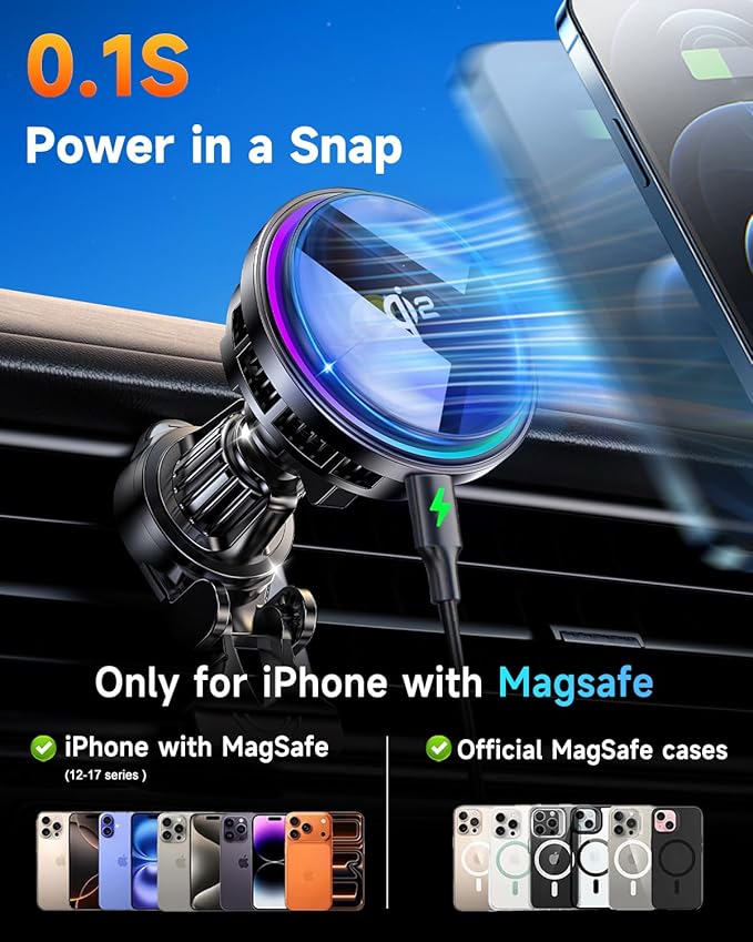 2026 Upgrade TEC & Fan Cooling Magnetic Wireless Car Charger, For Qi2 15W Magsafe Car Charger Mount, Air Vent Fast Wireless Charging Car Phone Holder for iPhone 17/16/15/14/13/12 Series, Samsung＆Pixel