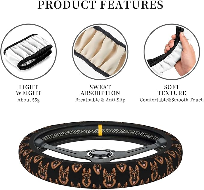 Neoprene Steering Wheel Cover German Shepherd Head Pattern Car Steering Wheel Cover Universal Fit for Most Cars