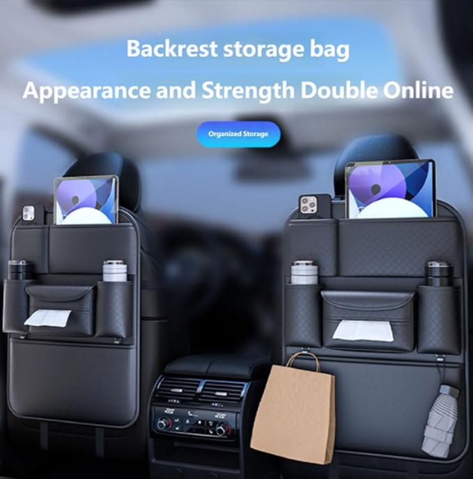Car Seat Back Storage Bag for Ram ProMaster 2015-2025 2026 Back Seat Organizer with Cup Holder Tissue Box Kick Mat Protector Interior Accessories,portabotellas Doble con diseño de rombos