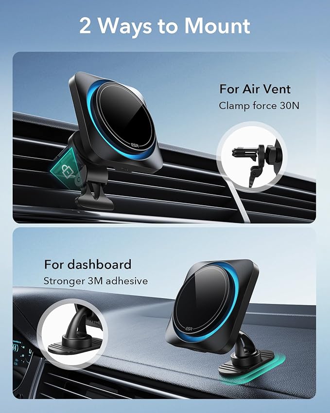 ESR for 15W MagSafe Car Mount Charger with CryoBoost, Phone Cooling MagSafe Car Charger, Air Vent/Dashboard Wireless Charging for iPhone 17e/17/16/15/14/13/12, S26/S25 Series, Pixel 10, Fast Charger