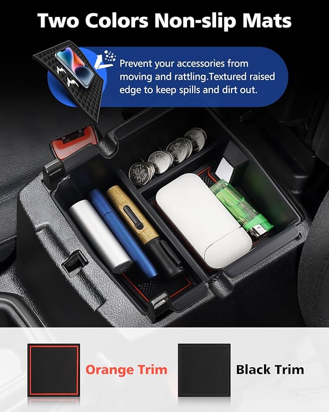 FIILINES Center Console Organizer for Jeep Wrangler JL JLU 2018-2024/ Gladiator JT 2020-2023/ 4XE 2021-2023, Center Console Tray Secondary Armrest Storage Box ABS Insert Container with Anti-Slip Mats