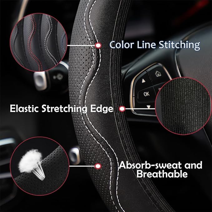 Elastic Stretch Steering Wheel Cover Universal 15 inch Steering Wheel Covers Soft Microfiber Leather Breathable Anti-Slip Durable Car Accessories Fit for Suvs, Vans, Trucks - White