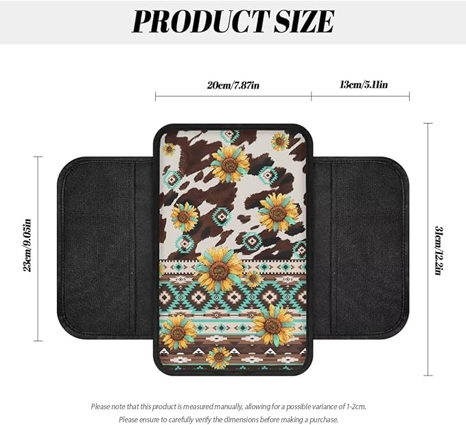 Dreaweet Sunflower Aztec Print Center Console Cover with Pockets Brown Cow Print Car Accessories for Women Soft Comfortable Armrest Cover Protector Arm Rest Cover for Vehicle SUV Truck