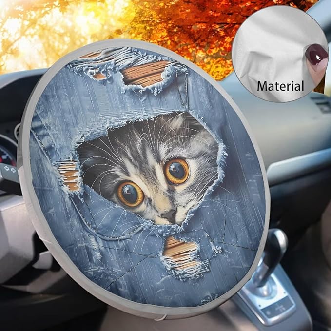 Funny Cat Sun Shade for Car Steering Wheel Heat Resistant Steering Wheel Cover Sunblock Cover 17" Reflector Protector Universal for Most Cars SUV Truck