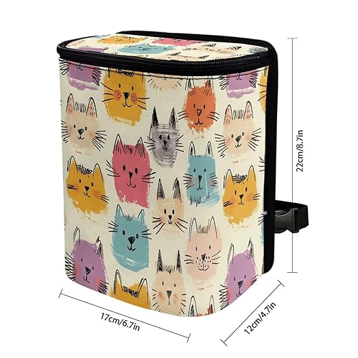 Cute Cats Print Car Trash Can with Lid Hanging Car Trash Bag Leak-Proof Portable Cars Garbage Bin Truck Sedan Accessories Interior Cars Organizer