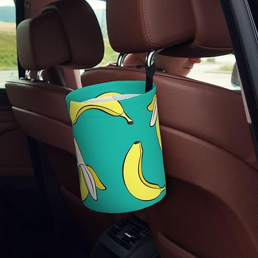 Bananas On Green Car Trash Can Leak Proof Hanging Waterproof Garbage Can Multipurpose Trash Bin for Car SUV Front Seat Headrest Collapsible and Portable Storage Pocket