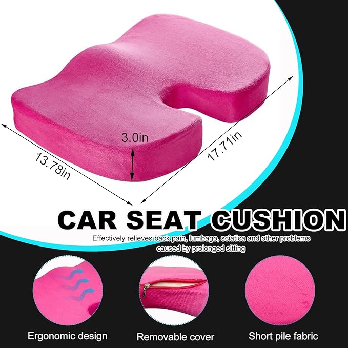 Memory Foam Seat Chair Cushion, Comfortable Auto Cushions for Long Periods of Sitting, Pregnancy Car Seat Cushion for Back, Coccyx & Sacrum Pain Relief, Car Accessories (Rose Red)