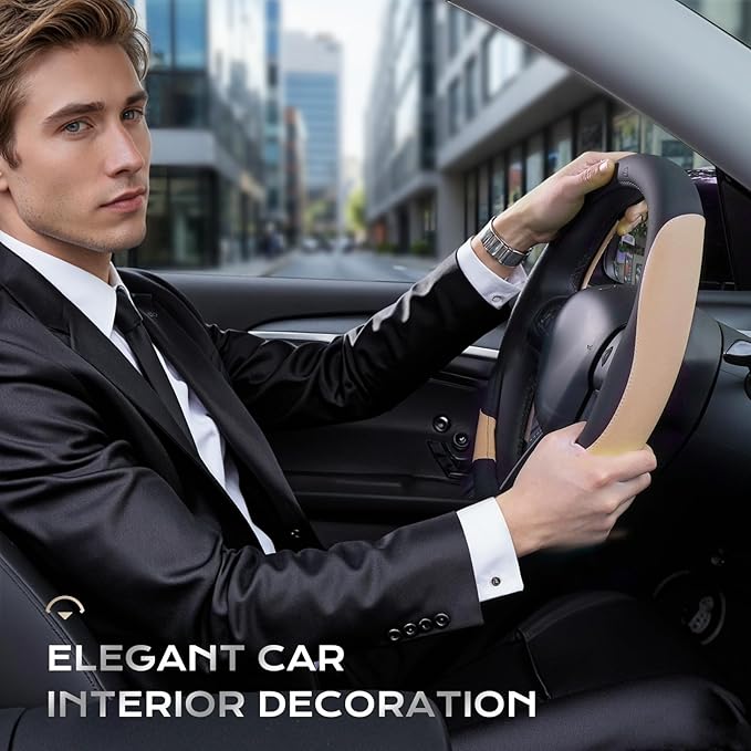 Coverado Car Steering Wheel Cover, Nappa Leather Black & Brown Steering Wheel Covers, Universal 14-15 inch, Anti-Slip, Breathable Steering Wheel Protector for Women Men