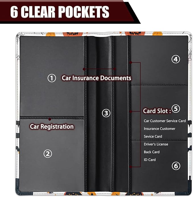 Car Registration Holder, PU Leather Vehicle Glove Box Organizer for Driver License, Document, Car Insurance Holder with Magnetic Shut, Auto Paperwork Wallet Accessories, Halloween Pumpkin + Witch Hat