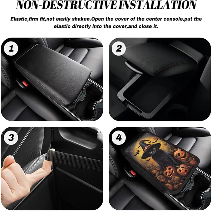 BIGCARJOB Halloween Armrest Cover for Cars Black Cat Print Car Armrest Cover Center Console Halloween Decorations Middle Console Cover Armrest Pad with Pocket