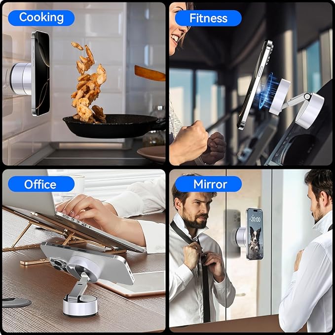 2025 Upgrated Vacuum Suction Magnetic Phone Holder, Retractable Strong Suction Cup Magnetic Hands-Free Car Cellphone Mount Foldable Car Phone Stand for Car/Mirror/Gym(Not Charge Phone)