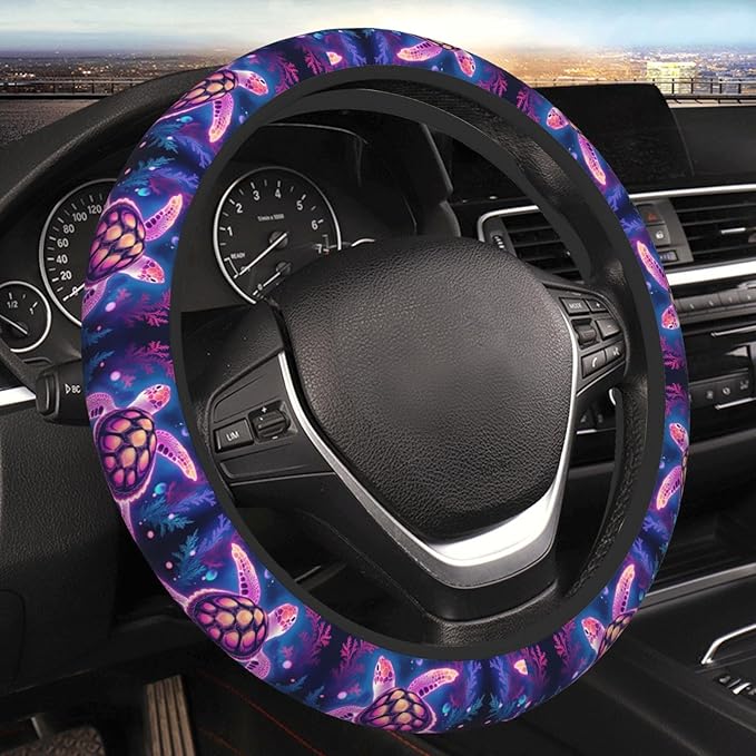 Neoprene Steering Wheel Cover Neon Sea Turtle Pattern Car Steering Wheel Cover Universal Fit for Most Cars