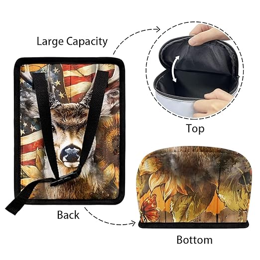Talayituse Deer Sunflower Print Car Trash Can with Lid, American Flag Wood Leak Proof Auto Trash Bag Hanging Vehicle Garbage Can Multipurpose Storage Container for Back Seat Road Trip