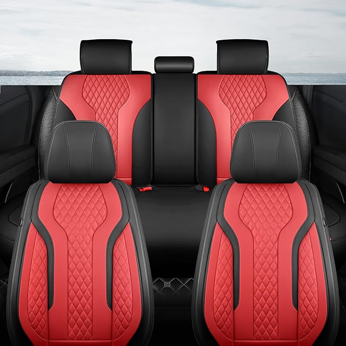 FEINEPRO Leather Car Seat Covers Full Set, Breathable Faux Leather Seat Covers for Cars SUV Sedan Waterproof BlackRed