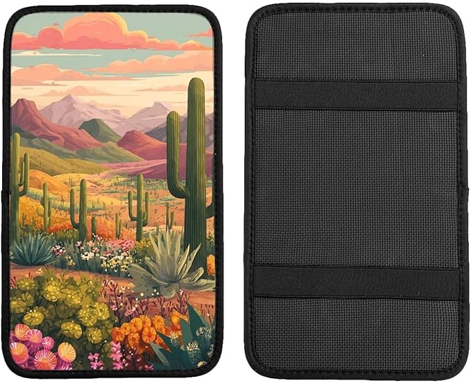 Desert Cactus Sunset Center Console Cover Pad, Car Armrest Seat Box Cover Cushion Universal for Most Vehicle SUV Truck, Car Interior Accessories Decor, Protect from Pet Claws & Dirt