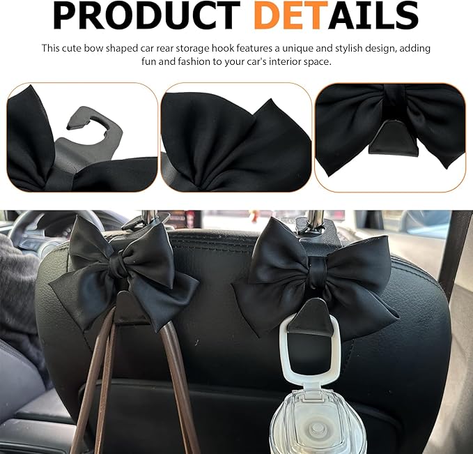 2 PCS Car Seat Headrest Hooks, Bow-Shaped Design Back Seat Storage Hangers, Automotive Purse Hanger for Purses, Bags, Umbrellas, Universal for Most Cars (Black)