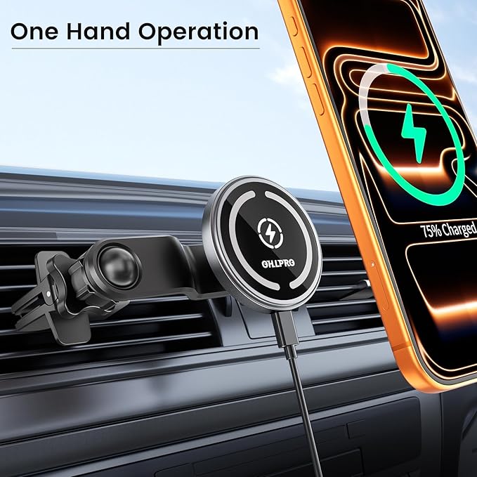 OHLPRO Compatible with MagSafe Car Mount for iPhone 16, Magnetic Wireless Car Charger with Extended Arm, Never Block Vents for iPhone 15/14/13/12 Serie, 15W Fast Charging Mag Safe Phone Holder, Grey