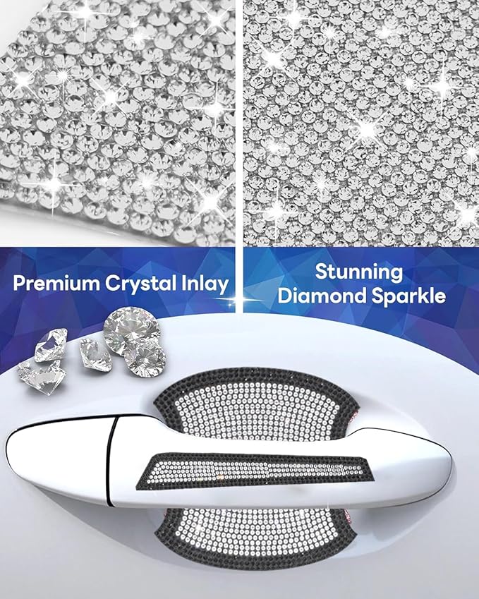 8Pcs Bling Car Door Handle Protector Stickers,Crystal Rhinestone Glitter Car Door Handles Cup Scratch Protectors Decals Universal (Black White)