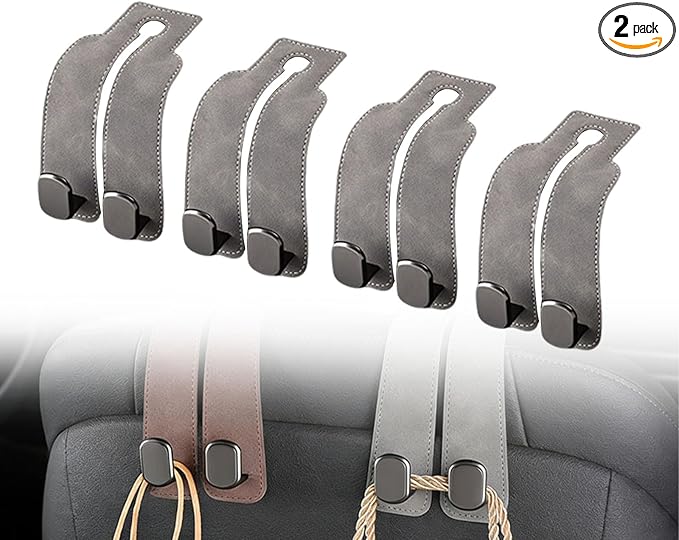 Velocury Car Seat Hooks for Purses and Bags, Foldable Headrest Hooks for Car, Faux Suede Back Seat Organizer for Groceries, Handbags and Accessories (Gray, Pack of 4)