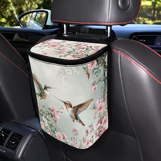 Talayituse Hummingbird Floral Print Car Trash Can with Lid, Leak Proof Auto Trash Bag Hanging Vehicle Garbage Can Multipurpose Storage Container for Back Seat Road Trip