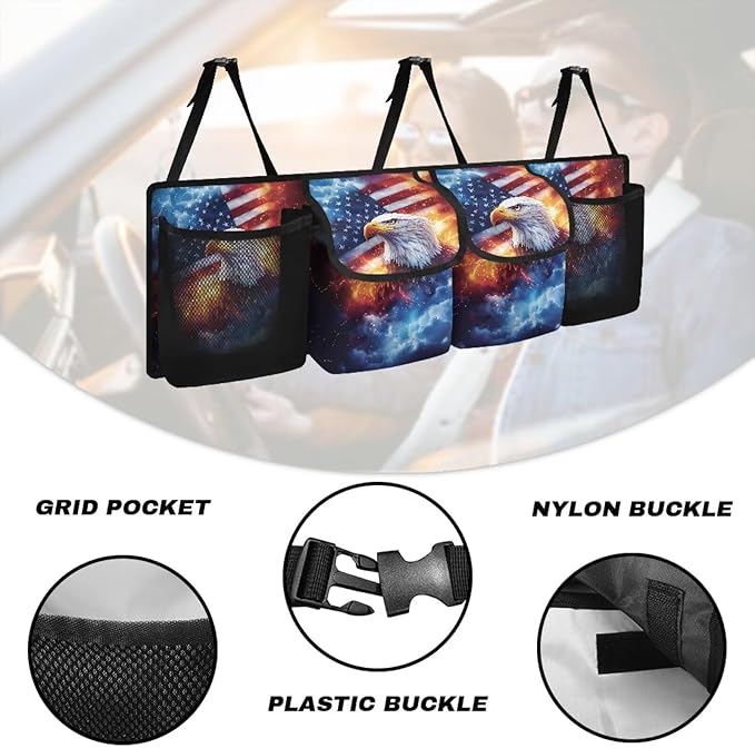 Trunk Hanging Organizer, Bald Eagle American Flag Backseat Bag, Car Interior Accessories Decoration with Pocket for Groceries, Provide Storage Space for SUV, Jeep, MPVs