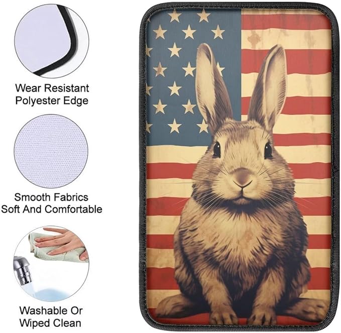 Car Center Console Pad, Universal Waterproof Car Armrest Seat Box Cover, Car Interior Accessories for Most Vehicle SUV Truck Vintage American Flag Rabbit Car Armrest Pad