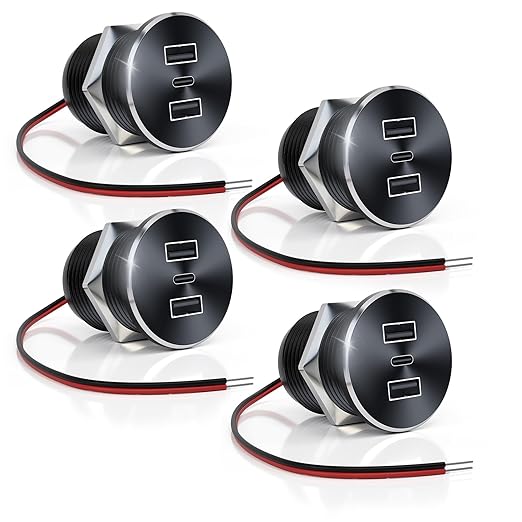 4PCS 72W RV USB Outlet All-Aluminum 12V/24V 3 Charging Ports, GIBBAB 36W PD3.0 Type-C+2 18W QC3.0 Fast Charging Socket, Recessed Mount Car Charger Cigarette Lighter Replacement for Camper Trailer Boat
