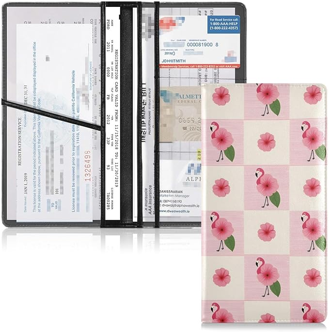 ALAZA Flamingo Pink Floral Plaid Car Registration and Insurance Card Holder Vehicle Glove Box Car Organizer Driver License Documents Holder Waller Case Organizers