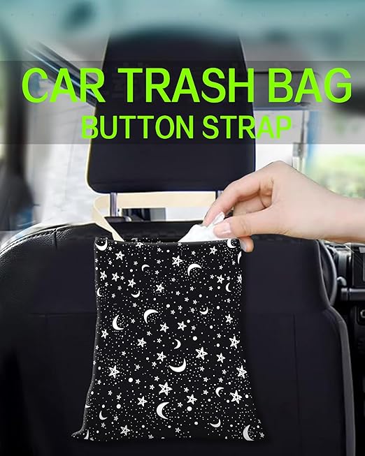 ANKVRP Car Trash Can, Durable Hanging Car Trash Garbage Bag, Cute Automotive Garbage Cans Organizer, Black White Moon Star