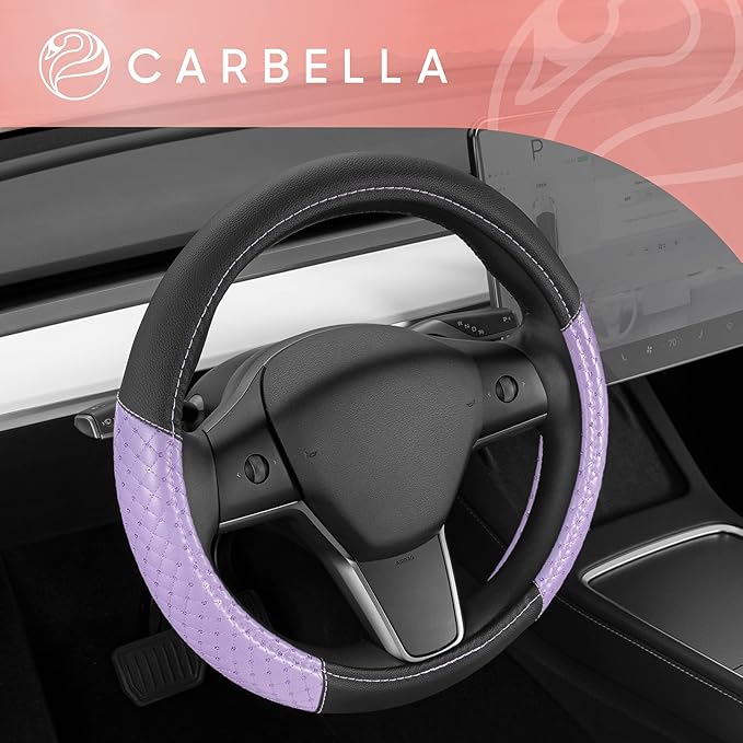 Carbella Purple Sequin Bling Steering Wheel Cover, Standard 15 Inch Size Fits Most Vehicles, Cute Faux Leather Car Steering Cover with Diamond Rhinestone Glitter Like Detail, Car Accessories for Women