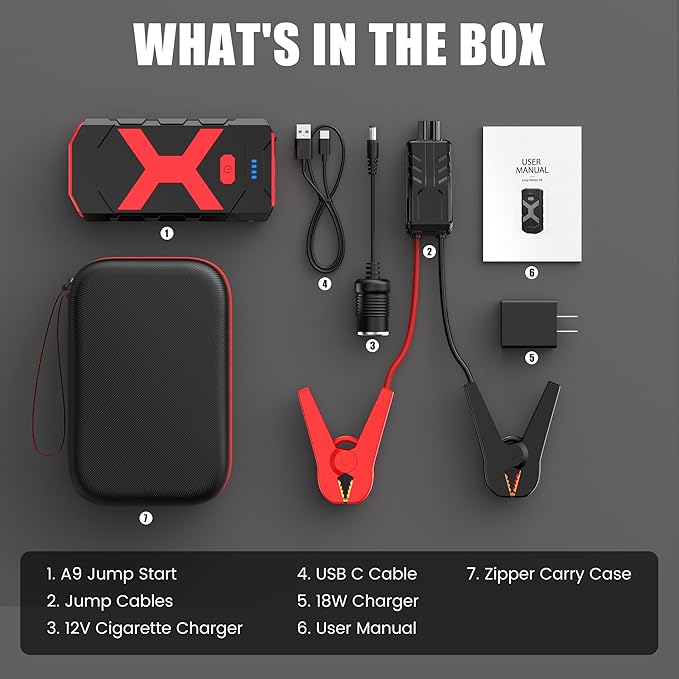 BOOKOO A9 Jump Starter 4000A for Car/Boat/Lawnmower(12L Gas/10L Diesel Engine) Portable 12V Car Battery Jump Starter with Jumper Cables,Quick Charging USB Ports and USB-C,3 LED Modes and Storage Box