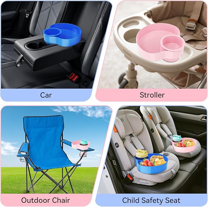 2PCS Car Seat Snack Tray for Kids: Kids Car Tray with Cup Holder, Toddlers Road Trip Essential, Travel Snacks Food Plate Cup Holder (Blue&Pink)