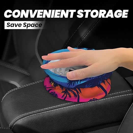 KXWQTRDD Car Garbage Bag Blue Palm Trees at Sunset Mini Car Trash Bin Portable Collapsible Waterproof Rubbish Bag for Car Accessories Back Front Seat Cup Holder