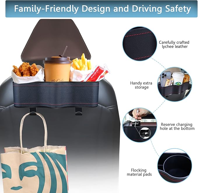 Backseat Car Organizer, Multifunctional Back Seat Car Organizer with Cup Holder and 2 Seat Back Hooks for Snacks, Canned Drinks and Cell Phones