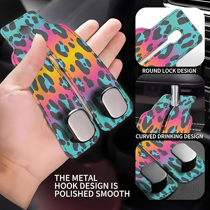 AXBSAKDI Car Seat Back Storage Headrest Hook, Premium Leather Double Metal Hook, Hanger Storage Organizer for Purse Cloth Bag, Car Interior Accessories Colorful Cute Leopard