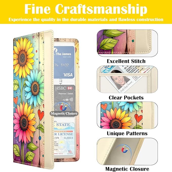 FinestHouse Car Registration and Insurance Holder with Magnetic Closure, Universal Document Organizer for License, Insurance Cards & Glove Box Storage (Sunflower-Colorful)