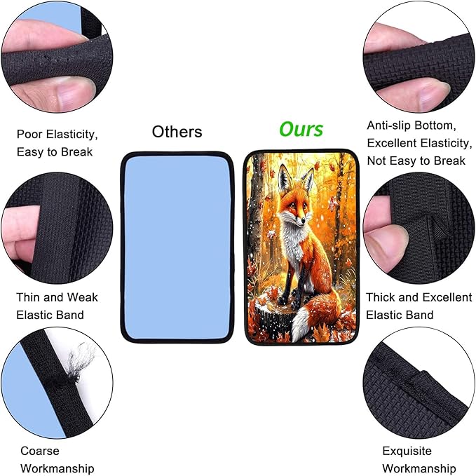 JANENFNA Car Armrest Cover Pads Universal Fashion Cute Auto Center Console Armrest Cover Pad with 2PCS Car Coasters Soft Waterproof Car Armrest Seat Protector for Women,Maple Leaf Fox