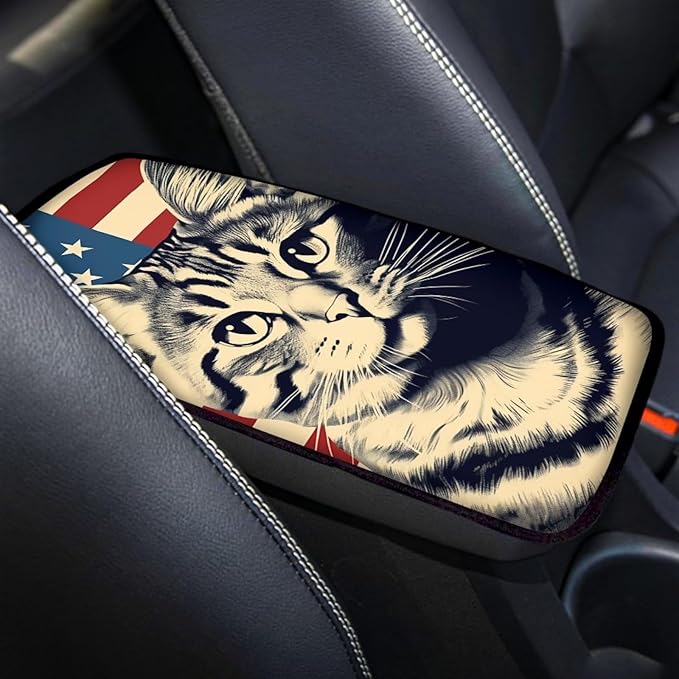Car Center Console Pad, Universal Waterproof Car Armrest Seat Box Cover, Car Interior Accessories for Most Vehicle SUV Truck Vintage American Flag Cat Car Armrest Pad