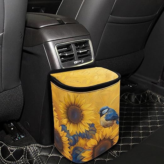 Sunflower Blue Bird Car Trash Can, Stylish Trash Bin Leak-Proof Zipper Design for Back Seat