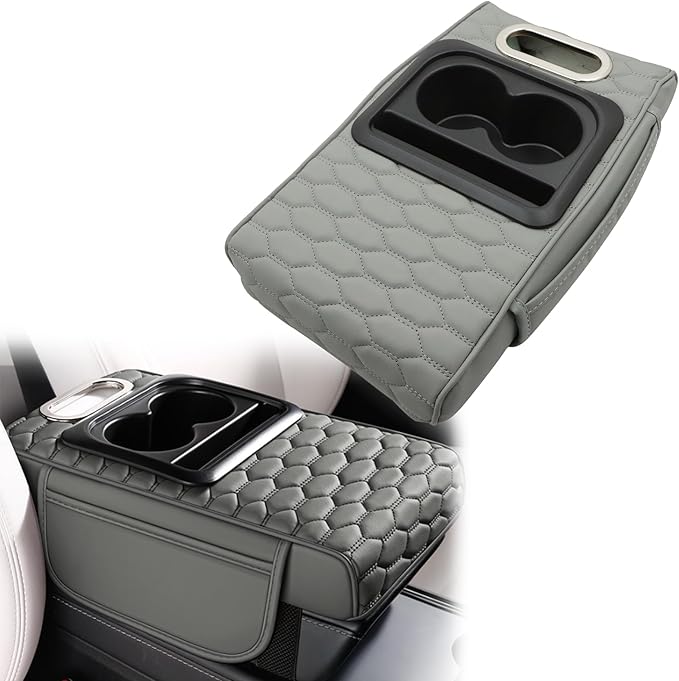 AOUTTUOA Gray Car Center Console Cover Universal Car Multifunctional Armrest Heightening Pad Microfiber Leather with Built-in Tissue Box & Cup Holder & Phone Storage Slot & Side Pockets