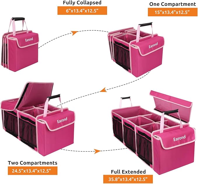 EAROND Collapsible Trunk Organizer with Insulated Leakproof Cooler Bag,Removable Lid,Adjustable Securing Straps,3 Compartments Trunk Organizer for SUV,Truck,Sedan(Pink)