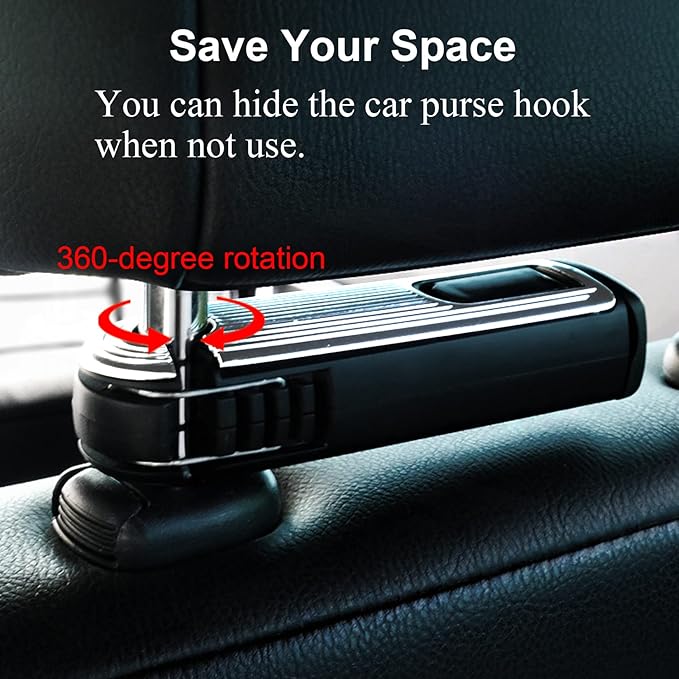 Car Headrest Hooks, 2 in 1 with Phone Holder, 360 Rotation for Purses, Bags & Groceries (Silver - 2PCS)