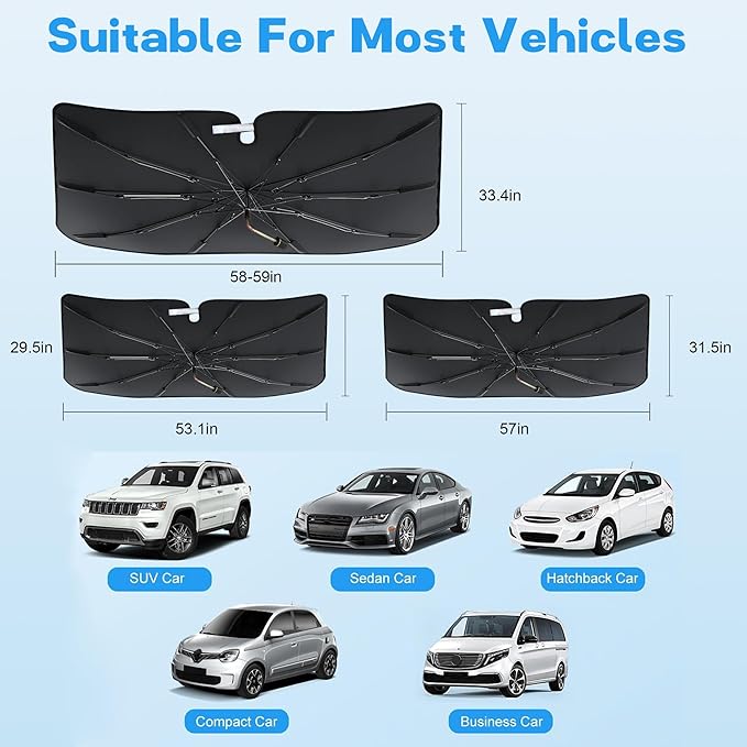 Windshield Sun Shade Umbrella, Portable Foldable, Spring Structure Wind Shield, Front Window Sunshade, Protect from Sun Rays Car Windshield, for Men (57'' x 31.5'')